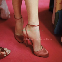 Runde Zehen-Satin-Pumps, Knöchelriemen, High Heels, flache Sandalen, sexy Damen, Sommer, Alltag, lässig, klassische Einzelschuhe, elegante Dame