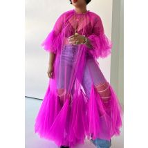 Plus Size Damen kleid Blütenblatt Ärmel dünne Mesh sexy elegante Rüschen Saum Kleid Magenta Rundhals ausschnitt Plissee Tüll durchsichtiges Kleid