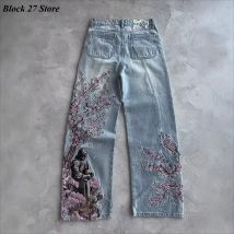 Mens Jeans Y2K Vintage Streetwear Light Blue Wide Leg Denim Pants Embroidery Knight Sakura Flower Washed Loose Fit Retro Style