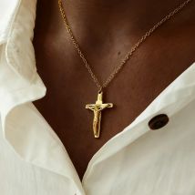 Stainless Steel Jesus Cross Necklace For Women Men Gold Color Caravaca Angels Crucifix Charm Choker Rapper Jewelry Hip Hop Gift