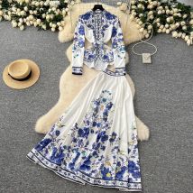 Mode Druck Unregelmäßige Top Rock Anzüge Frauen Langarm Wunderschöne Blume Gürtel Blusen Hohe Taille Gefaltete Röcke Set Outfits