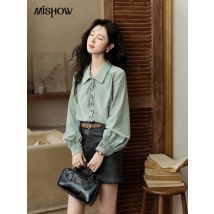 MISHOW Vintage Green Blouse Women French Lapel Bow Lace-up Top 2025 Autumn Sweet Shirt Sleeve Outwear Commute Shirts MXD44C0337