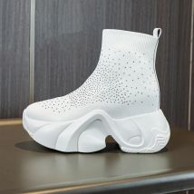 Nuovi stivaletti in maglia elasticizzata da 8 cm calzino in tessuto con zeppa alla caviglia slip on scarpe da donna con strass moda primavera autunno