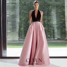 CUYUN Deep V-Neck Black and Pink Women Evening Gown Halter Sleeveless A Line Simple Long Prom Dress Customized Satin Party Gown