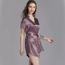 Frauen sexy Spitze kurze Mini Robe Kleider Sommer Schärpe Bade mäntel Satin Eis Seide lose kausale Nachtwäsche Bade mäntel