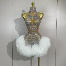 STOCK Diamonds Mesh Sexy See Through Cocktail Mini Dress Women Eveing Luxury Birthday Party Singer Nightclub Show Stage Costume