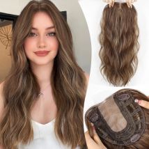 20 Inch Natural Brown Synthetic Hair Toppers Long Wavy Hairpieces for Women 6" ×6" Large Base Lace Front Hair Topper Clips in