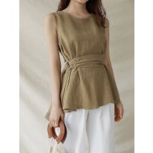 QOERLIN Cotton Linen Waistcoat Lady O Neck A-line Pullover Thin Sleeveless T-Shirt Women Belted Waist Tank Top Temperament Vest