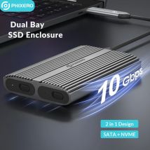 PHIXERO 10 Gbit/s Werkzeug Kostenloses Dual Bay M.2 NVMe 2-Bay-SSD-Gehäuse 10 Gbit/s Blazing Speed Thunderbolt 3 Kompatibel für Windows Mac