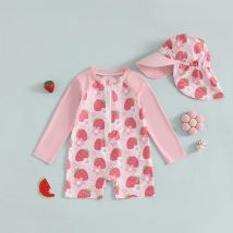 Tregren Langarm-Badeanzug für Kleinkinder, Mädchen, für Kinder, Kleinkinder, Blumen-/Schleifen-/Erdbeer-Druck, halber Reißverschluss, Rashguard-Badebekleidung mit Sonnenhut