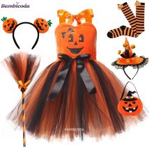 Girls Halloween Cosplay Witch Costume Orange Pumpkin Carnival Vestidos Party Infant Witch Fancy Dress Clothing Set Hat