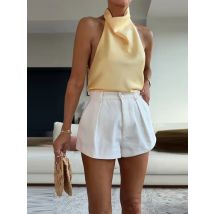 2023 sommer Frau Halter Kragen Satin Blusen Pullover Britischen Ärmellose Backless Tasten Weste Neue Fashion Solid Kurze Tops ﻿