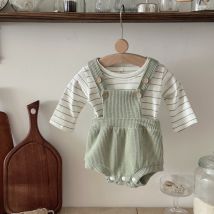 2 Teile/satz Herbst Neue Baby Krabbeln Anzug Set Frische Grün Weiß Gespleißt Streifen Langarm + Schulter Gurt Overall 0-18 monate