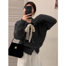 Koreanischer Retro-Cardigan mit Schleife und Schnürung, Herbst/Winter 2026, lockerer O-Ausschnitt, langärmliger Pullover, einreihig, niedliche Strickoberteile