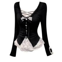Koreanische Mode Elegante Patchwork Spitze Tops Dünne Beiläufige Langarm Bluse 2000er Jahre American Vintage Süße Pullover Chic