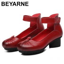 BEYARNE Frühling Herbst Nationalen Stil Frauen Leder Schuhe Mit EINEM Platz Med Ferse Frau Runde Kappe Ankle Strap Pumpt Schuhe Neue