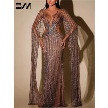Sexy Illusionsperlen-Abschlussballkleid für Damen, lange Cape-Ärmel, transparenter Ausschnitt, lange Abendkleider, maßgeschneidertes Etui-Party-Outfit