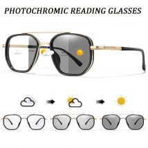 Luxuriöse photochrome Lesebrille aus Metall, klassischer quadratischer Rahmen, presbyopische Anti-Blaulicht-blockierende Brille zum Lesen im Großhandel