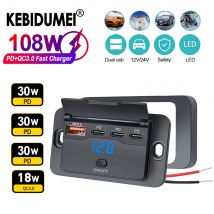 PD+QC3.0 Phone Charger Socket Panel 12V/24V RV USB Outlet 4 Ports Fast Charging Socket with Voltage Switch for Car Bus RV Truck
