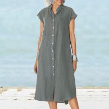 Damen-Kleid aus Baumwolle mit Knöpfen, Sommer, lässig, kurzärmelig, lange Kleider mit Taschen, Kleid, Sommerkleider für Damen, 2025, Übergröße