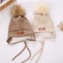 Einfarbig Pompom Infant Mädchen Junge Hut Imitation Kaschmir Baby Ohr Schutz Kappe Herbst Winter Warme Kleinkind Kinder Schnürung Beanie
