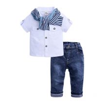 2-7 Years Kids Clothes Boys Outfit Summer Children's Clothing Boy Sets Cotton Short Sleeve O-Neck Tops+Jeans+Scarf Baby Costume