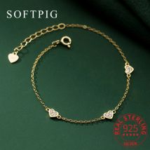 SOFTPIG Charm-Armband aus echtem 925er-Sterlingsilber mit Zirkon-Herzkette für Damen, klassischer feiner Schmuck, minimalistische Accessoires