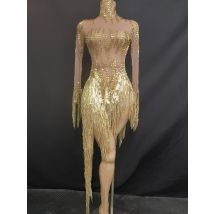 Sparkly Rhinestone Golden Sequins Tassel Sexy Transparent Dress Women Evening Birthday Party Nightclub Dance Singer Stage Outfit