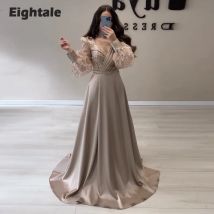Eightale Champagner Abendkleider Lange Ärmel Schatz Glitter A-Line V-ausschnitt Angepasst Prom Party Kleid vestido de fiesta