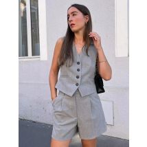HH Frauen Weste Hosenanzug Vintage Solide V-ausschnitt Einreiher Ärmellose Westen Top + Shorts Sommer Frau Streetwear Grau Sets