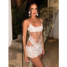 Woman Clothing Spaghetti Strap Mesh Lace Patchwork Party Club Dress Female Sexy See-through Sleeveless Short Evening Dresses