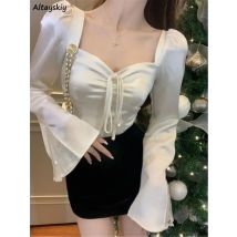 Blusen Frauen Spitze Flare Hülse Elegante Frauen Sexy Schöne Koreanische Mode Stil Reine Dünne Frühling Tops Blusas Ropa Mujer Retro