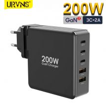 URVNS 200W caricatore da muro USB C, stazione di ricarica rapida GaN2 Pro a 5 porte PPS PD 100W 65W adattatore di alimentazione per laptop Tablet Smartphone