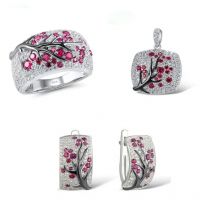 Romantische 925 Sterling Silber Schmuck Sets für Frauen glänzend rot Zirkon Blätter Zweig Halskette Ring Ohrringe einzigartige weibliche Geschenk