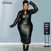 PU Leder Plus Größe 5XL Kleider für Frauen Zip Up Volle Hülse Stretch Offie Dame Elegante Schwarz Maxi Kleid Großhandel dropshipping