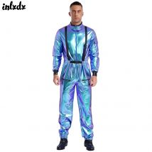 Disfraz de astronauta de la Fuerza Aérea de piloto de Halloween para hombre, disfraz de Alien con juego de rol metálico, monos generales de discoteca, mono con cremallera