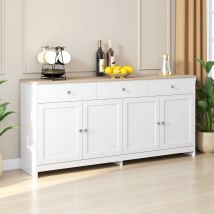 fangange Modernes Sideboard mit vier Türen und drei Schubladen, Wohn- und Esszimmer, 160 x 27 x 75 cm, Holzfarbe und Weiß