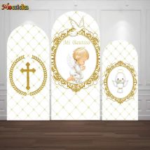 Mi Bautizo Babyparty-Hintergrund, gewölbtes Panel, reine weiße Taube, goldenes Kreuz, Hintergrund, Dekor, Neugeborene, Erstkommunion, Fotokabine