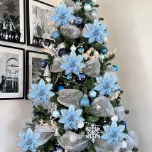 5,7 Zoll künstliche blaue und schwarze Weihnachtsglitzerblumen mit Clips 5/10 Stück Weihnachtsbaum Blumenornamente Noel Neujahrsdekoration