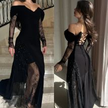 Customized Retro Pastrol Jersey Lace Pleat Beading Sequined A-line Off-the-shoulder Long Dresses Bespoke Occasion Dresses Sexy