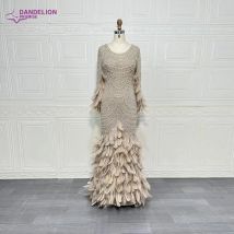 Luxus O-Ausschnitt Abendkleid für Frauen Hochzeit mit Perlen Federn elegante Saudi-Arabien Dubai lange formale Abschluss ball Party kleider