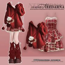 2025, Herbst und Winter, rot, schlichtes Pullover-Oberteil mit Trägerkleid, zweiteiliges Weihnachtsset