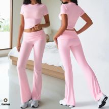 Fold 2PCS Yoga Set Women Short Sleeve Crop Top Fitness High Waist Flare Legging Fitness Suit Workout Gym Running Tracksuit XP117