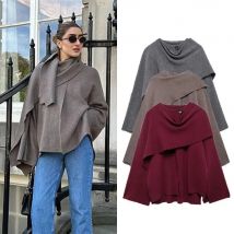 Damen Herbst Winter Jacke Frauen Bequeme Casual Pendler Mantel Gestrickte Lose Übergroßen Mantel Asymmetrische Elegante Split Jacke