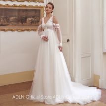 Brautkleid für schwangere Braut, maßgeschneidert, V-Ausschnitt, lange Ärmel, durchsichtig, Spitzenapplikation, Sweep-Zug, weiches Tüll-Brautkleid