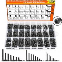 1250 Stück M2 M3 M4 metrisches Bolzensatz, 4–30 mm Innensechskantschrauben, 12,9 legierter Stahl, Maschinenschrauben, Muttern, Unterlegscheiben, Sortiment