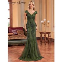 Lucyinlove Luxus Ärmellose V-ausschnitt Pailletten Formale Abendkleider Frauen Elegante Meerjungfrau Party Maxi Prom Arabia Cocktail Kleider