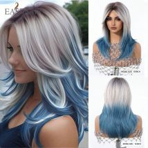 EASIHAIR Long Straight Blue Synthetic Wigs Ombre Blonde Blue Layered Hair Wigs for Women With Eight Character Bangs Cosplay Wigs