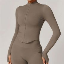 Gerippte Yoga-Tops Frauen Stehkragen Yoga Langarm Sport jacke Lauftraining Fitness Top Gym Workout Laufhemd