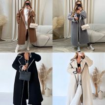 Vintage Patchwork Mantel für Frauen Herbst Winter Elegante Revers Dame Mäntel mit Gürtel 2024 Mode Tasche Langarm Weibliche Outwear